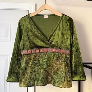 DECO USA vintage olive green velour velvet‎ surplice beaded floral peplum fairy